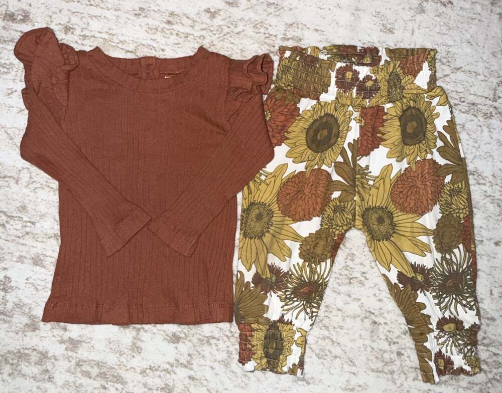 6-12m Kate Quinn Jogger SunflowerPrint & matching ruffled long sleeve